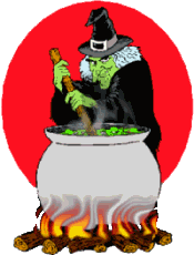 a witch stirring a pot with a red background