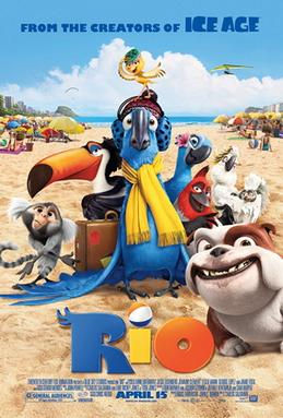 A blue Spix's macaw wearing a yellow scarf is surrounded by other birds and animals from the film. They sit on a sandy beach with beach-going tourists in the background, facing away. The weather is sunny, with one cloud in the sky. The text reads 'From the creators of Ice Age: RIO'