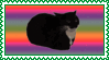 a stamp of a tuxedo cat rotating slowly in front of a colorful background