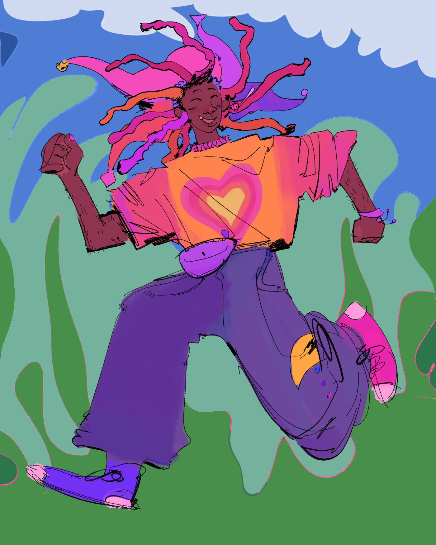 a jester-inspired character running across a colorful, and funky background. Their jester-hat is made up of bright purples and pinks--and their bells are different shapes. Their shirt is orange with pink sleaves, with a pink and orange heart in the middle. Their pants are a soft blue color, adorned with the iconic pacman character chasing after three ghosts. Their shoes are different colors--the left facing shoe is blue, while the other is a bright pink.