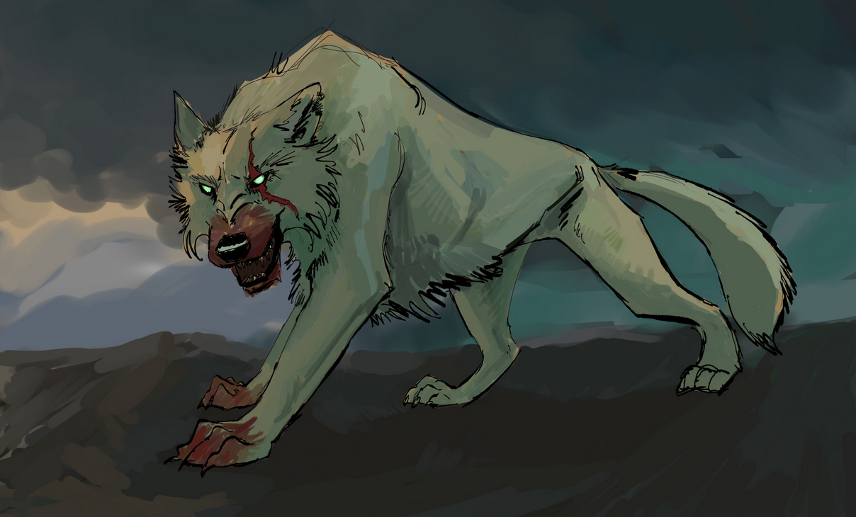 The same wolf in a semi-realistic style, with a storm approaching from the right side of the drawing.