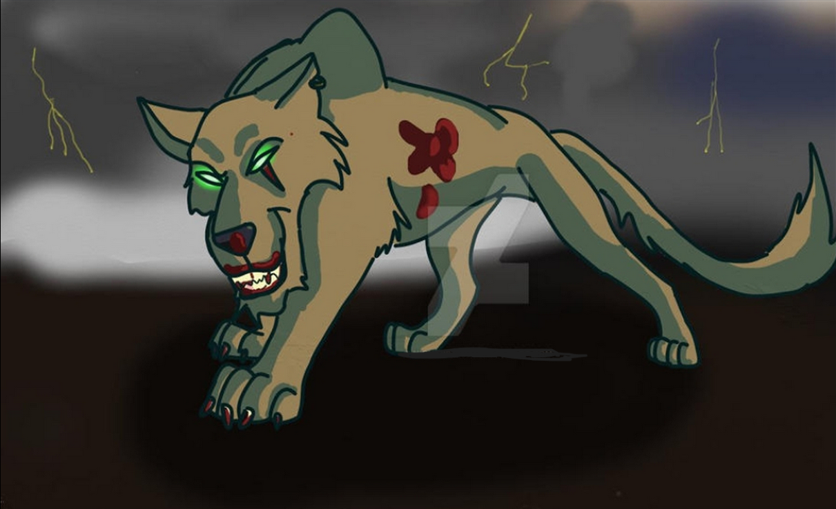 A cartoon villainous wolf walking towards the viewer. Its eyes are glowing green, and it has a scar on its eye. There is also blood coating their claws, mouth, and nose.